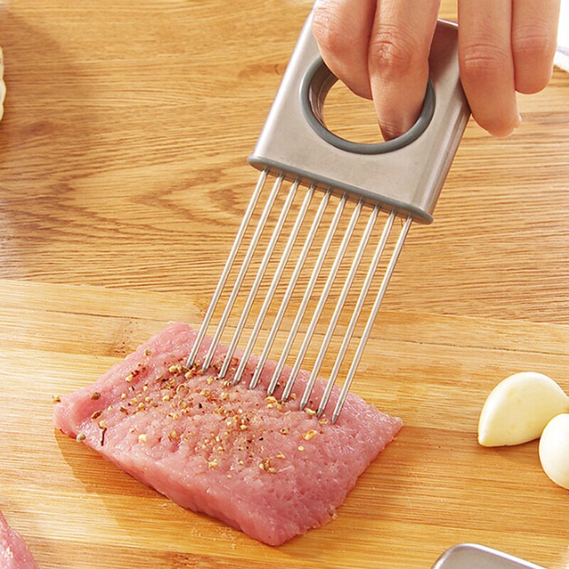   ܱ Ȧ 丶 ũ ä  ̼ η ƿ  ܽƮ  ֹ Ʈ/Safe Onion Cutter Holder Tomato Fork Vegetable Potato Slicer Stainless Steel Meat Hams